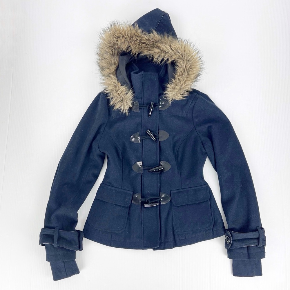 Body Central Blue Faux Fur Hooded Hoodie Long Sleeve Jacket Top